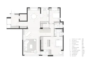 Modern house floor plan with multiple rooms and functional zones.
