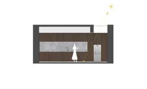 An architectural drawing of a modern kitchen featuring wooden cabinets and marble countertops.