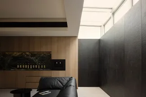 A modern living room featuring wood-paneled walls and black marble accents.