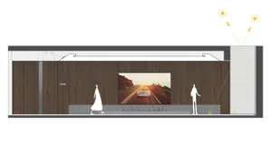 A wooden wall with a television displaying a car driving on a road at sunset.