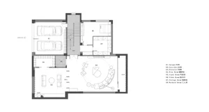 A detailed 2D architectural drawing of a modern residential floor plan featuring concrete, glass, and steel materials.