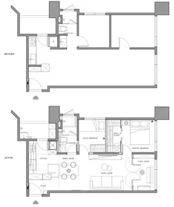 Comparative architectural floor plans depicting interior renovation before and after