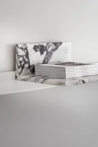 A minimalist marble bookshelf with books.