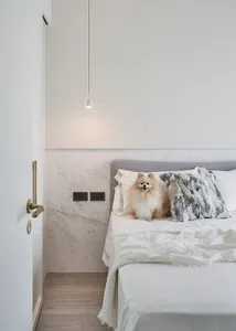 A minimalist bedroom with white marble walls, white bedding, and a small dog sitting on the bed.