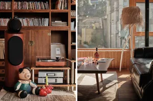 Modern living room with wooden accents and a collection of books and records.