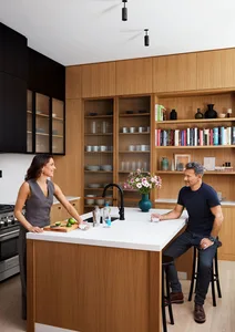 A modern kitchen with wooden cabinets and open shelving displaying books and decorative items.