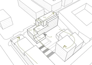 Schematic drawing of a multi-story building layout with numbered floors and dashed lines indicating internal pathways.