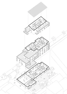 A detailed 2D technical drawing of apartment buildings showing various layouts and rooms.