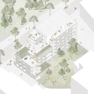 A rooftop of a modern apartment building with residents engaging in various activities, surrounded by greenery and trees.