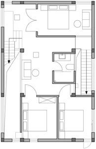 A minimalist apartment floor plan showing rooms and layout.
