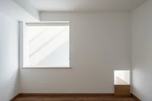 A minimalist room with a large window and a wooden floor.