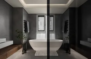 Modern bathroom with concrete walls, white bathtub, and minimalist design.