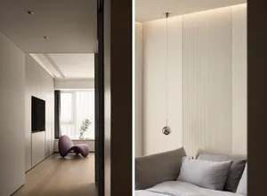 A stylish modern bedroom with a minimalist design, showcasing a white and purple color palette, and featuring a uniquely shap