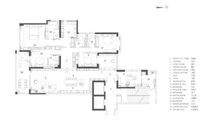 A detailed 2D architectural floor plan of a modern apartment with various rooms and spaces labeled.