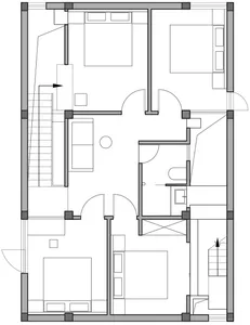 Modern residential floor plan layout showing living room, bedrooms, and bathroom.