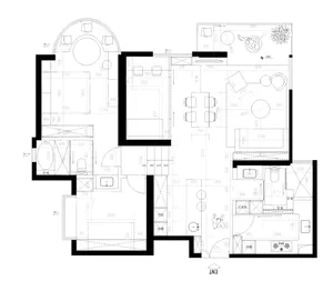 Modern interior design floor plan with living room, dining area, kitchen, and bathroom layouts