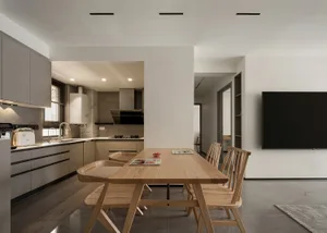 A modern kitchen with wooden furniture and a minimalist design.