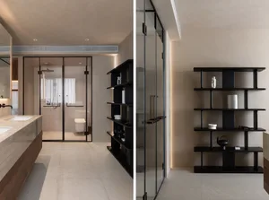Modern minimalist bathroom with glass walls and wooden shelves.