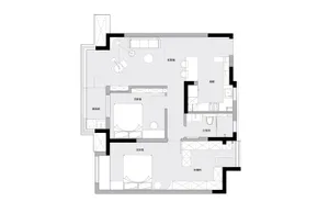 Modern apartment layout featuring an open-concept living, dining, and kitchen area with white walls and flooring, black trim,