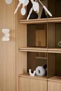 Modern wood shelves with minimalist design and storage features.