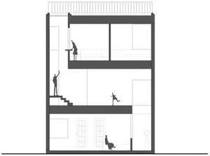 Black and white drawing of an interior floor plan with simplified details and shapes.