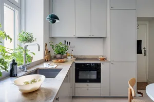Modern minimalist kitchen with concrete countertops, white cabinets, and green plants.