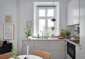 Minimalist kitchen with granite countertops and laminate cabinets, featuring a modern, open layout.