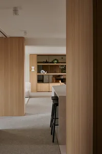 Modern minimalist interior design with wooden furniture and shelves.