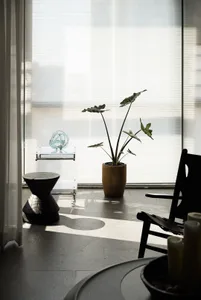 A minimalist living room featuring a glass planter with ceramic accents.