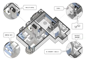 Detailed apartment floor plan showcasing modern residential interior design and features.