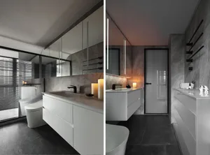 Modern bathroom featuring white and concrete materials with a minimalist design.