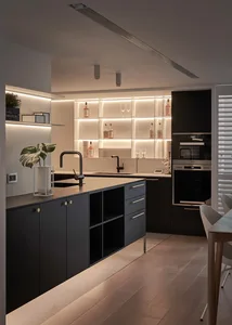 A modern minimalist kitchen with black wood cabinetry and black metal accents, featuring built-in lighting and a sleek, open