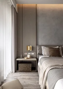A modern minimalist bedroom featuring neutral-toned wood and concrete finishes.