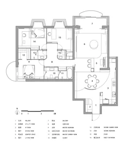 A detailed 2D architectural drawing of a modern residential floor plan featuring open-concept design elements, a spacious liv