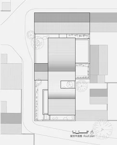 Minimalist roof plan with black lines and grey patterns representing building structures and materials.