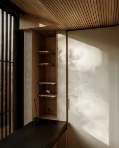 Modern minimalist living room featuring wooden walls and minimal decor.