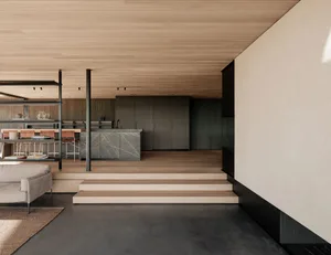 Modern minimalist residential interior with marble kitchen island, wood flooring, and concrete walls.