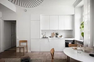 A modern minimalist kitchen featuring white cabinetry and a sleek, contemporary design.