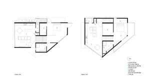 Floor plan of modern residential upper and lower units with labeled rooms and spaces.