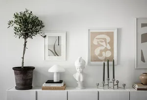 A modern interior design featuring decorative objects such as a potted plant, framed art, sculptures, and candles.