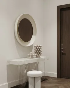 Modern entryway featuring glass and wood materials.