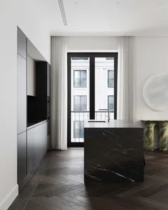 Modern kitchen featuring a black marble countertop and dark wooden flooring.