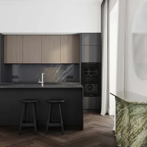 Modern kitchen with wooden cabinets, marble countertops, and stainless steel appliances.