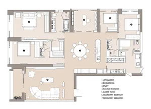 Floor plan of a modern residential design with living, dining, study, and bedrooms.
