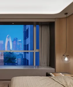 Modern bedroom interior featuring wooden curtains and a glass window providing a cityscape view.