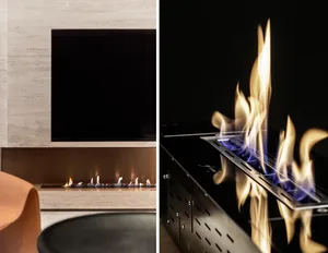 A modern fireplace with a minimalist design, featuring a glass front and marble surroundings.