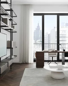 A modern office space featuring wooden elements, large windows with a city view, and minimalist furniture.