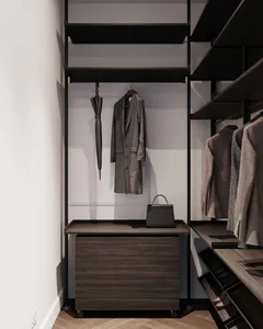 A modern closet with wooden texture, featuring dark wood shelves, a hanging umbrella, a coat, and a handbag.