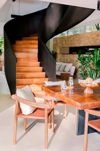 Modern minimalist residential interior designed with organic wood elements