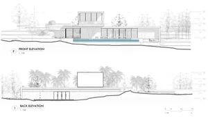 極簡建築平面圖，展示現代住宅的正立面與背立面，強調俐落線條與開放空間